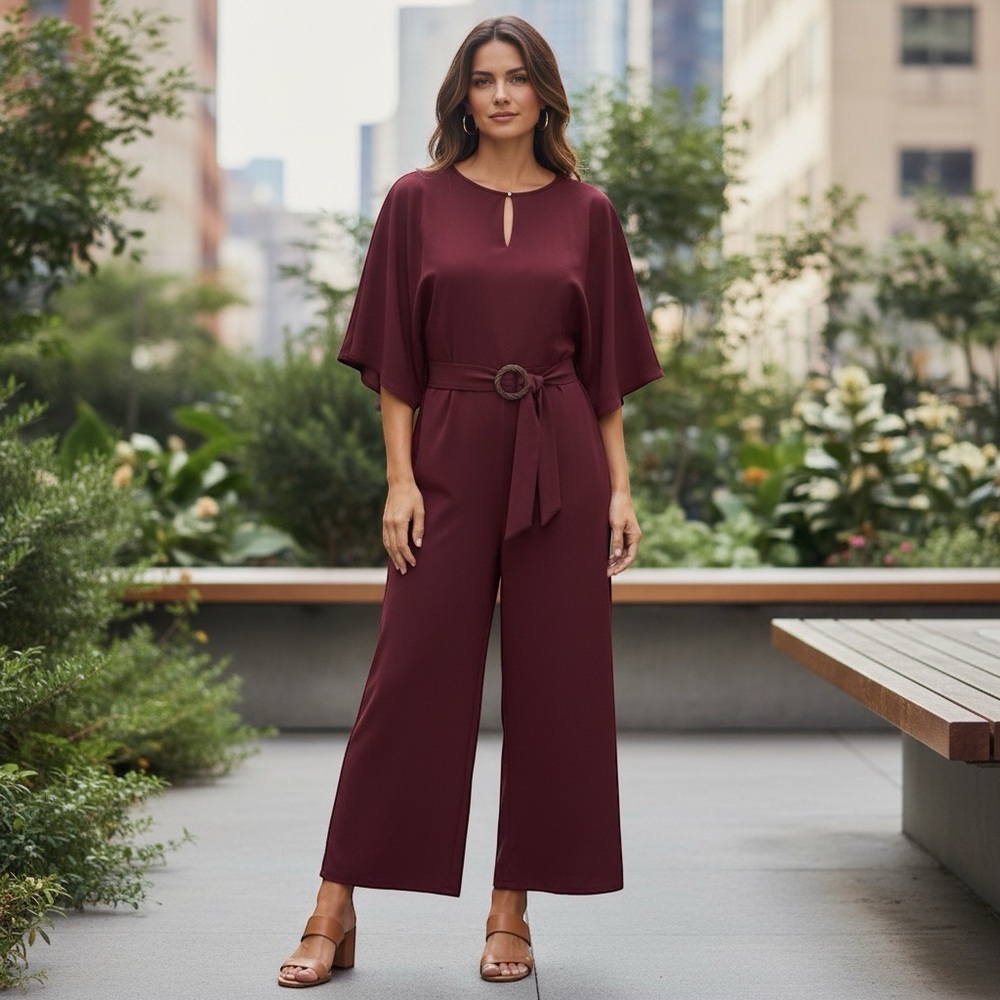 Vince Camuto Keyhole Wide Leg Belted Jumpsuit Merlot Medium made in India Med